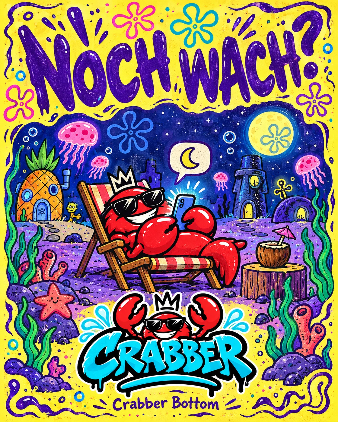 Gelbes Crabber-Bottom-Poster mit lila und türkisen Unterwasser-Elementen
